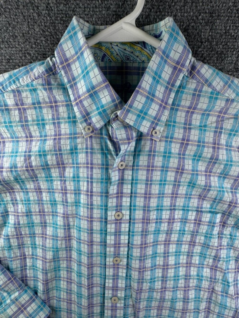 Alan Flusser Button Up Shirt Long Sleeve Blue Purple Plaid Medium Cotton Woven